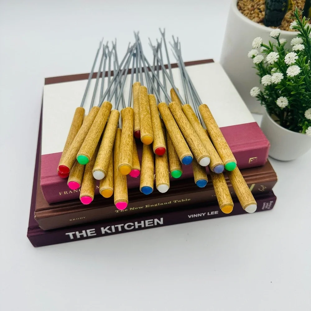 Vintage Wood Handle Fondue Forks Lot of 23 Multi Color Tips MCM Skewers